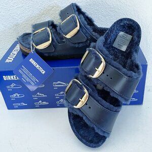 NEW Birkenstock Arizona Big Buckle Shearling Oiled Leather Slides 36 5 Midnight